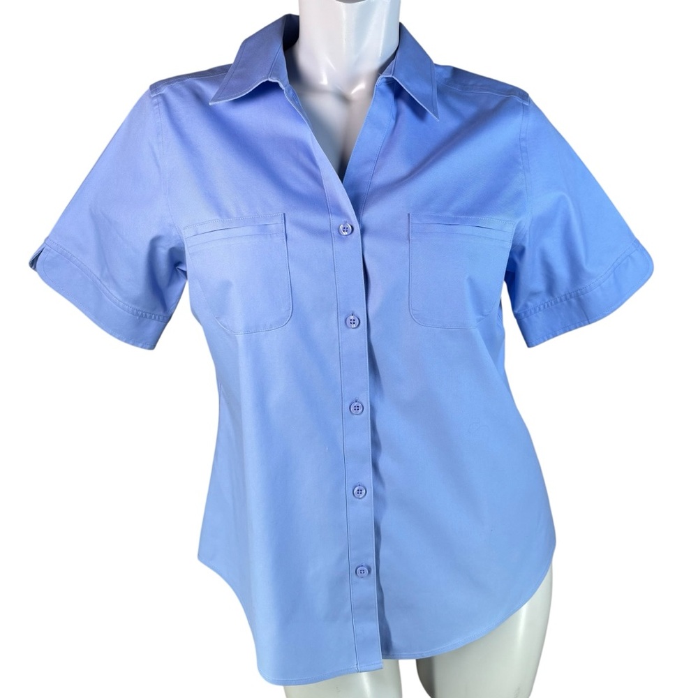 Chico's Blue No-Iron 100% Cotton Short Sleeve Button Down Blouse w/ Pockets Sz 1 - Picture 4 of 8